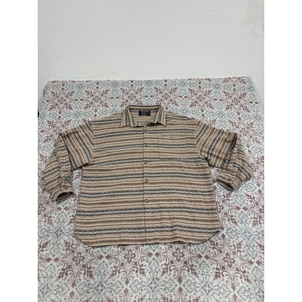 Tradition Mens XL Cotton Striped Button Down Shirt Long Sleeve Earth Tones